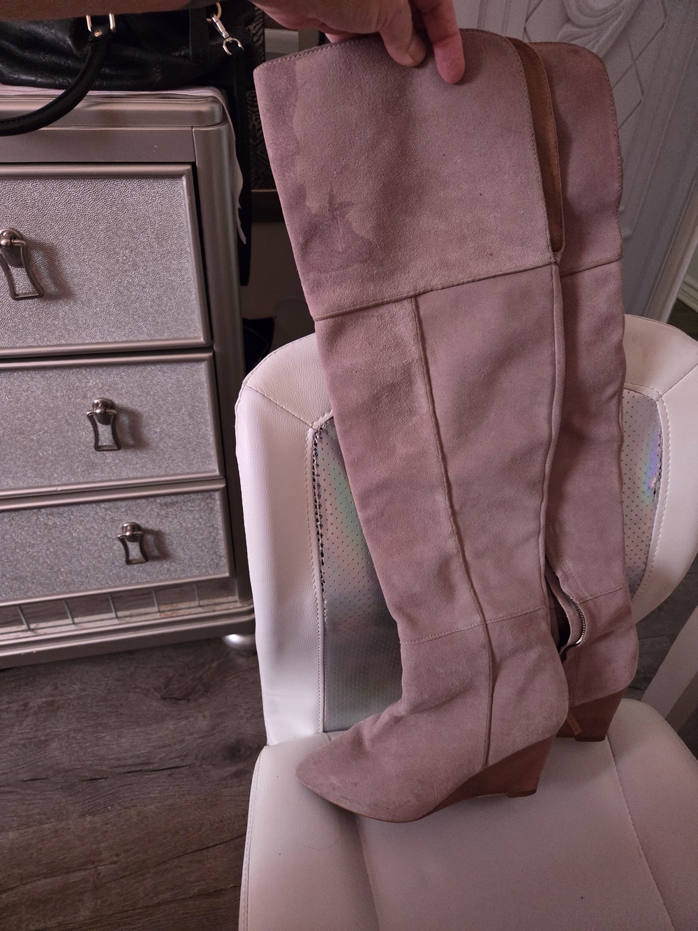 Over-the-Knee Suede Wedge Boots in Beige Size 39